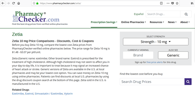 pharmacychecker.com Zetia drug page